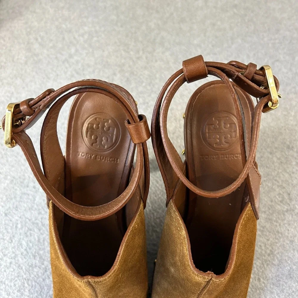 Tory Burch Bilson Heeled Clogs Shoes Brown Suede Leather Studded Womens Size 7